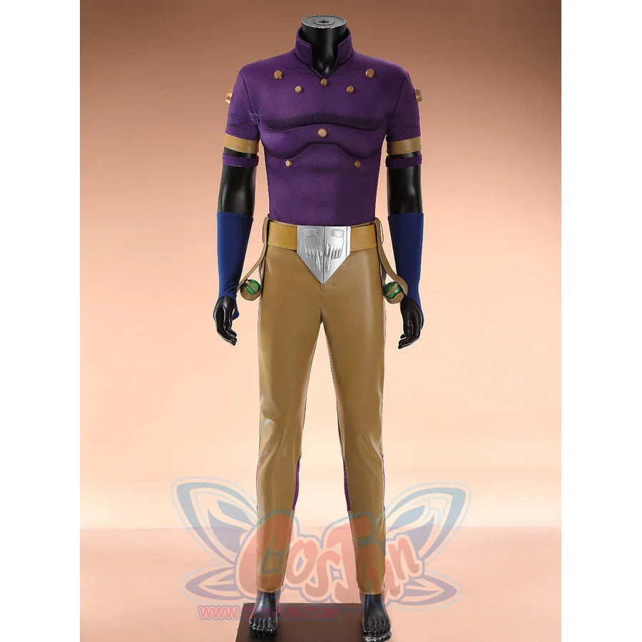 Anime Gyro Zeppeli cosplay top pairs gold-stud detailing and purple side-striped tan pants with a green-sphere belt.