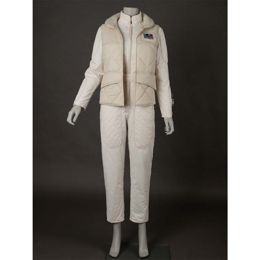 Front view of Leia Organa Solo Cosplay Costume, featuring a beige quilted vest over a matching jumpsuit, with a rank insignia on the vest.
