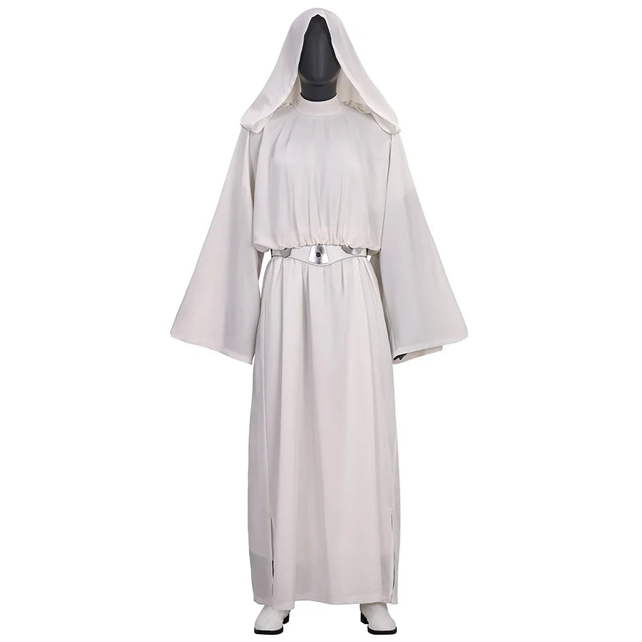 Star Princess Leia Cosplay Costume, white hooded robe and matching belt, front view. shoes not included in the set.