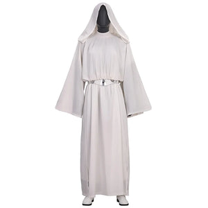 Star Princess Leia Cosplay Costume, white hooded robe and matching belt, front view. shoes not included in the set.