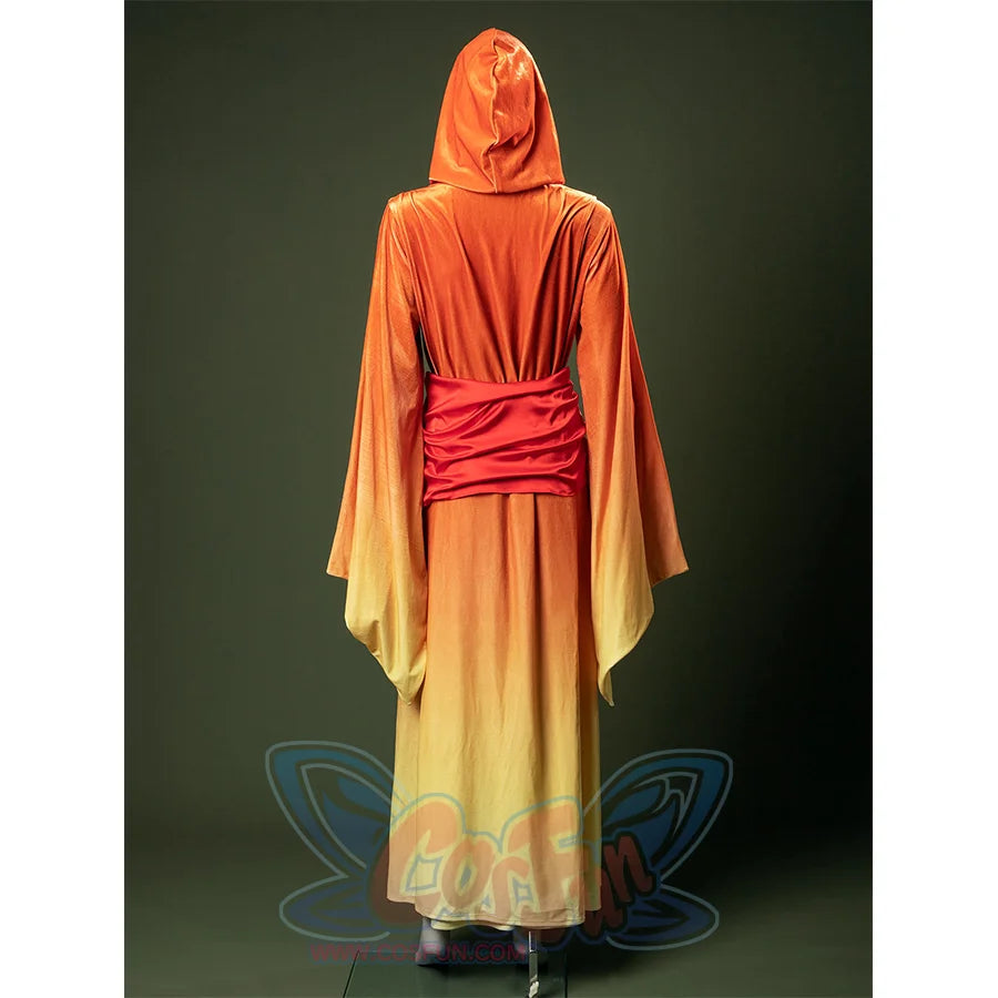 Back view of Padmé cosplay costume showing orange hooded cape and yellow gradient skirt.