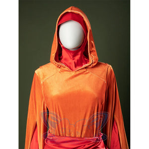 Close-up of Padmé cosplay costume hooded cape with orange and pink fabric and trim details.