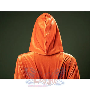 Back view of orange hooded cape from Padmé cosplay costume showing fabric draping and design.