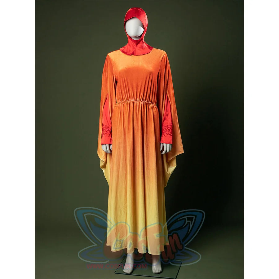 Full length Padmé cosplay dress with gradient orange to yellow skirt and embroidered details.