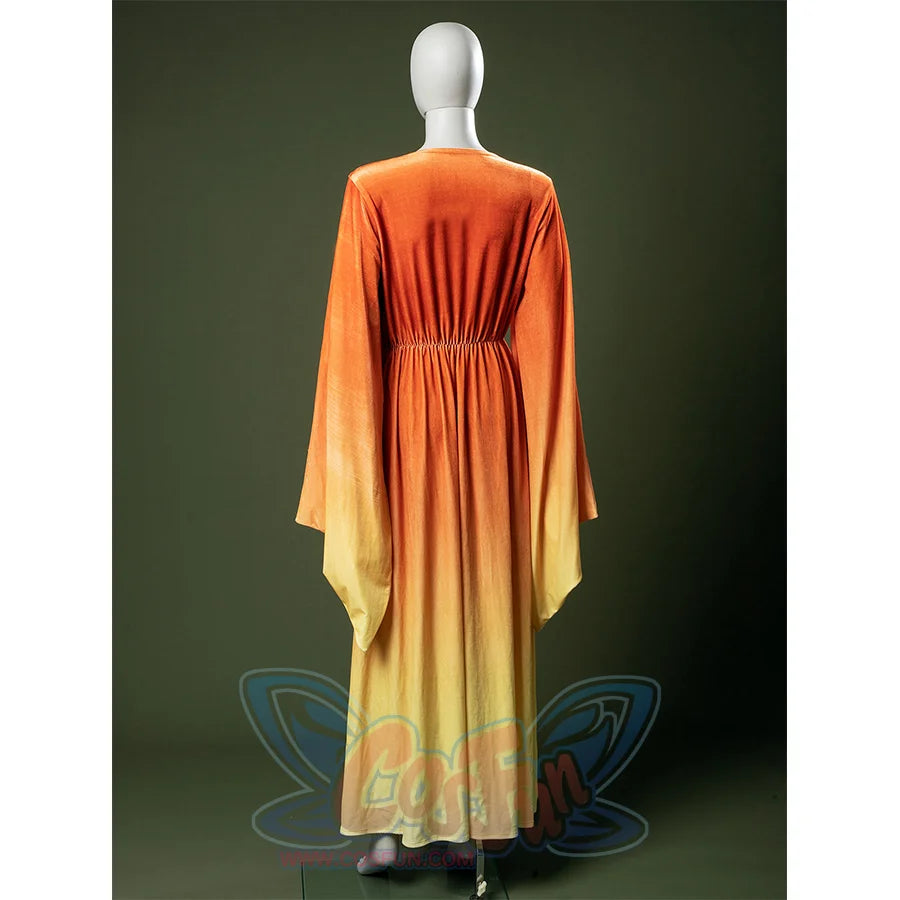 Back view of Padmé cosplay dress displaying flowing gradient skirt and gathered waistline.