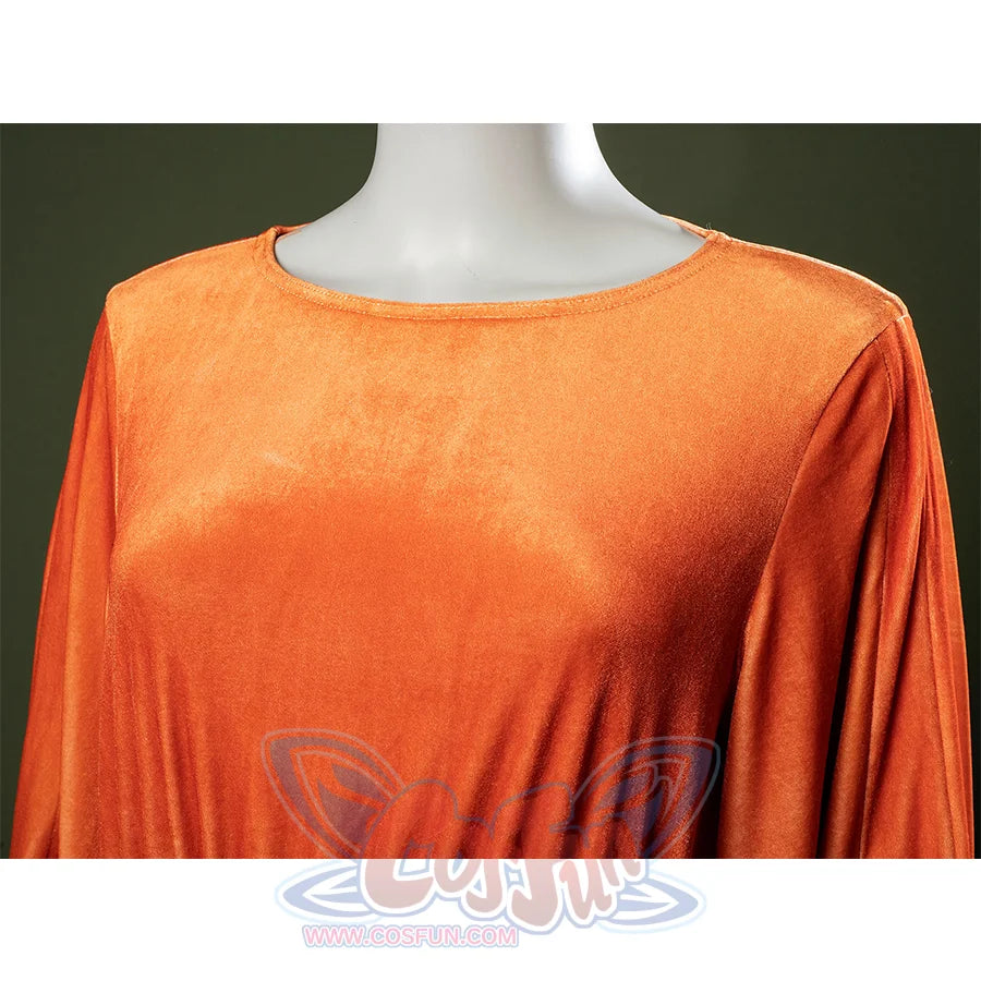 Neckline detail of Padmé cosplay costume showing orange top with round collar and embroidery.