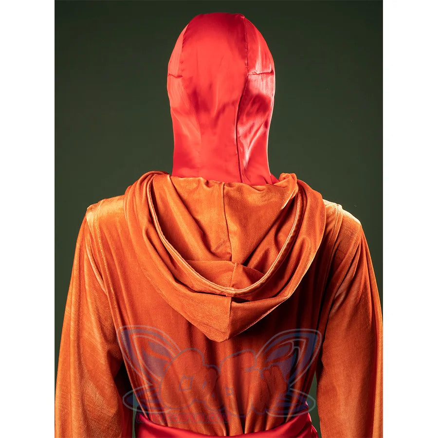 Back view of Padmé cosplay headgear showing pink hood and orange cape with draped collar.