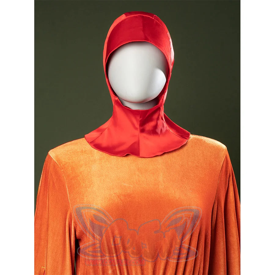 Close-up of Padmé cosplay headgear showing pink hood construction and orange top embroidery.