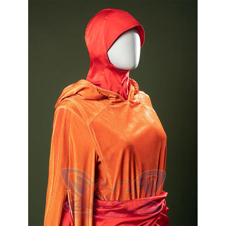 Side view of Padmé cosplay headgear with pink hood covering and draped collar styling.