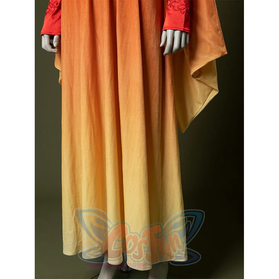 Hem detail of Padmé cosplay costume skirt showing yellow gradient fabric and flowing design.
