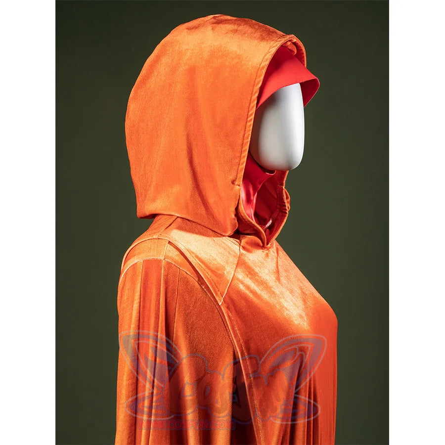 Hood detail of Padmé cosplay costume with orange outer fabric and pink inner lining.