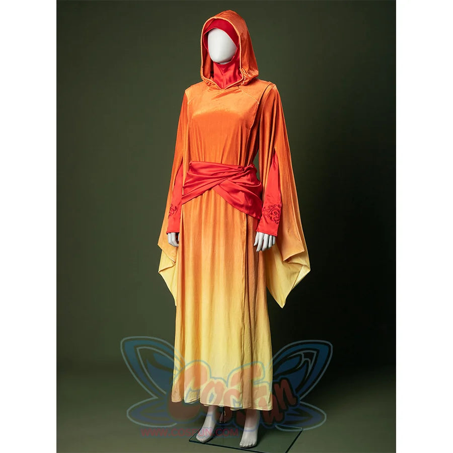 Left side view of Padmé cosplay costume displaying cape design and color gradient details.