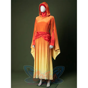 Left side view of Padmé cosplay costume displaying cape design and color gradient details.