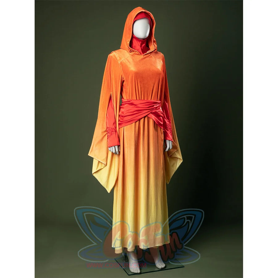 Right side view of Padmé cosplay costume with flowing cape sleeves and layered waistband.