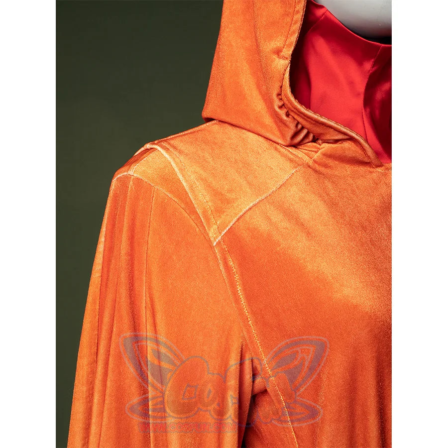Shoulder seam detail of Padmé cosplay costume showcasing orange fabric and construction.