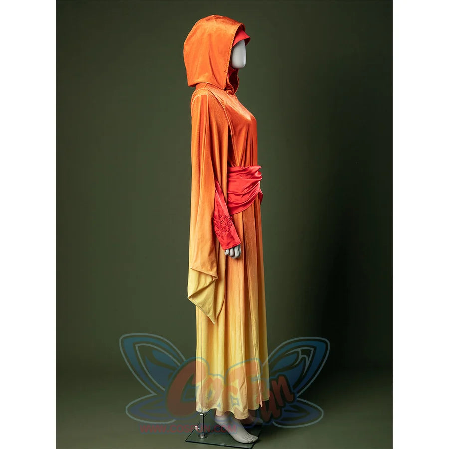 Side profile of Padmé cosplay costume highlighting hooded design and draped fabric layers.