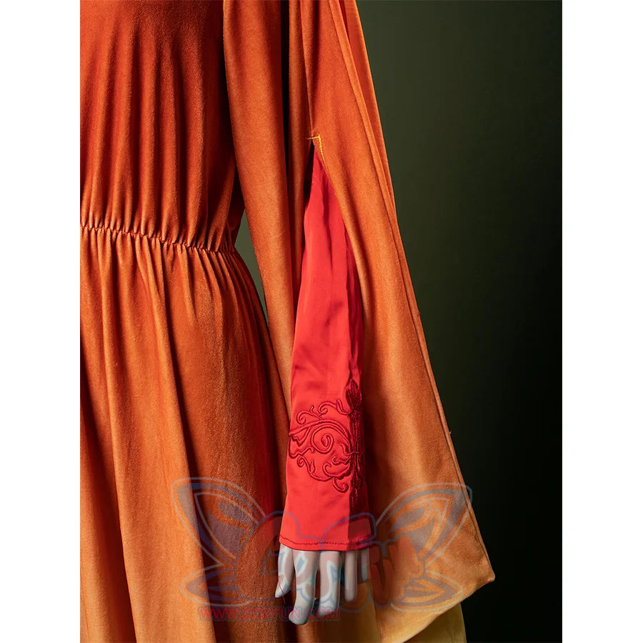 Sleeve detail of Padmé cosplay costume with gathered cuffs and decorative embroidery pattern.