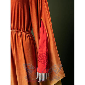 Sleeve detail of Padmé cosplay costume with gathered cuffs and decorative embroidery pattern.