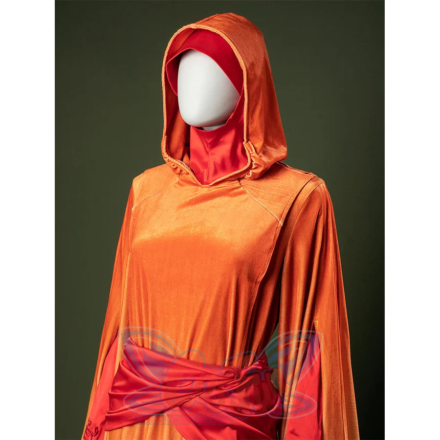 Upper body detail of Padmé cosplay costume with hooded cape and draped waistband styling.