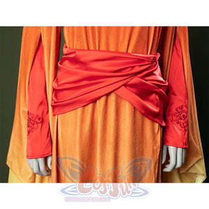 Waistband detail of Padmé cosplay costume with pink draped sash and embroidered trim accents.