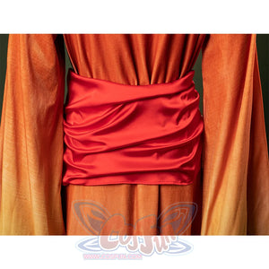 Back waistband view of Padmé cosplay costume showing pink sash draping and pleated details.