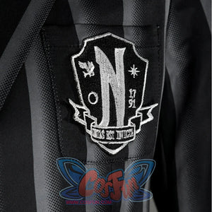 Halloween Wed Addams Nevermore Academy Uniform Cosplay Costume suit has an embroidered college logo on it, giving it a preppy feel.