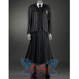 The striped suit jacket is paired with a black knitted vest with the college logo on the suit, and the lower body is a black pleated skirt, the stripes of the skirt echo the stripes of the suit top.