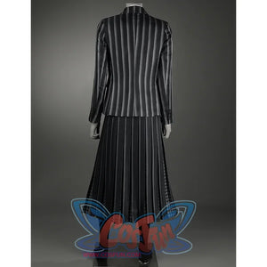 A striped suit jacket paired with a black pleated skirt, the stripes on the skirt match the stripes on the suit jacket.