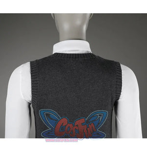 A knitted vest and a collared shirt create a formal look.