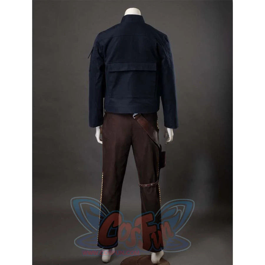 Back view of the costume with the jacket, showcasing the navy blue jacket’s back design and the brown pants with gold side details.