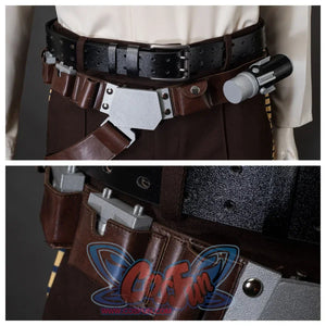 Focuses on the belt with brown leather pouches, silver buckle, and blaster holster. Shows prop blaster and pouch details.