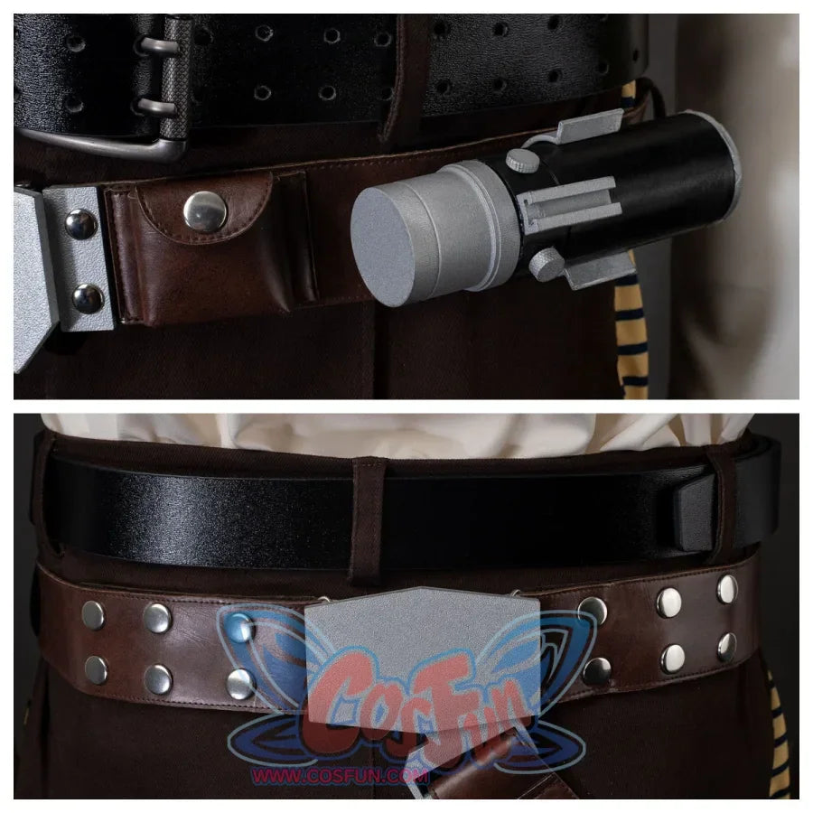 Detailed view of belt with rivets, silver buckle, and blaster in holster. Compares different belt angles.