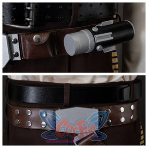 Detailed view of belt with rivets, silver buckle, and blaster in holster. Compares different belt angles.