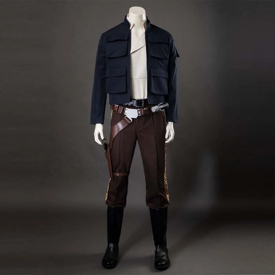 Front view of Han Solo Cosplay Costume, including the navy blue jacket, beige inner shirt, brown pants with gold side details, and iconic belt with blaster.