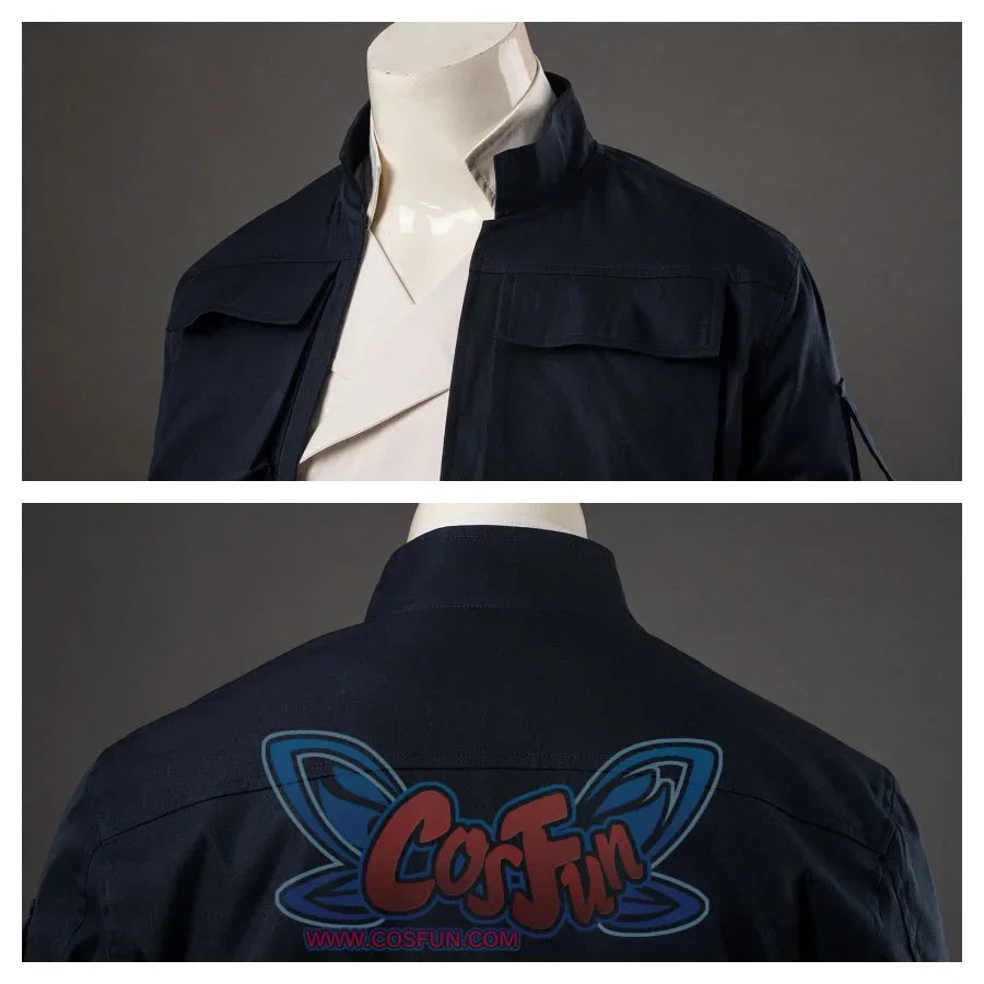 Shows the navy - blue jacket of Han Solo costume, front with inner shirt visible, back plain. Highlights jacket’s collar and pocket design.