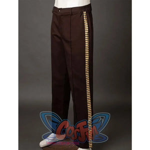 Close - up of the brown pants with gold side details. Shows the pants’ design and texture, emphasizing the iconic gold stripe.