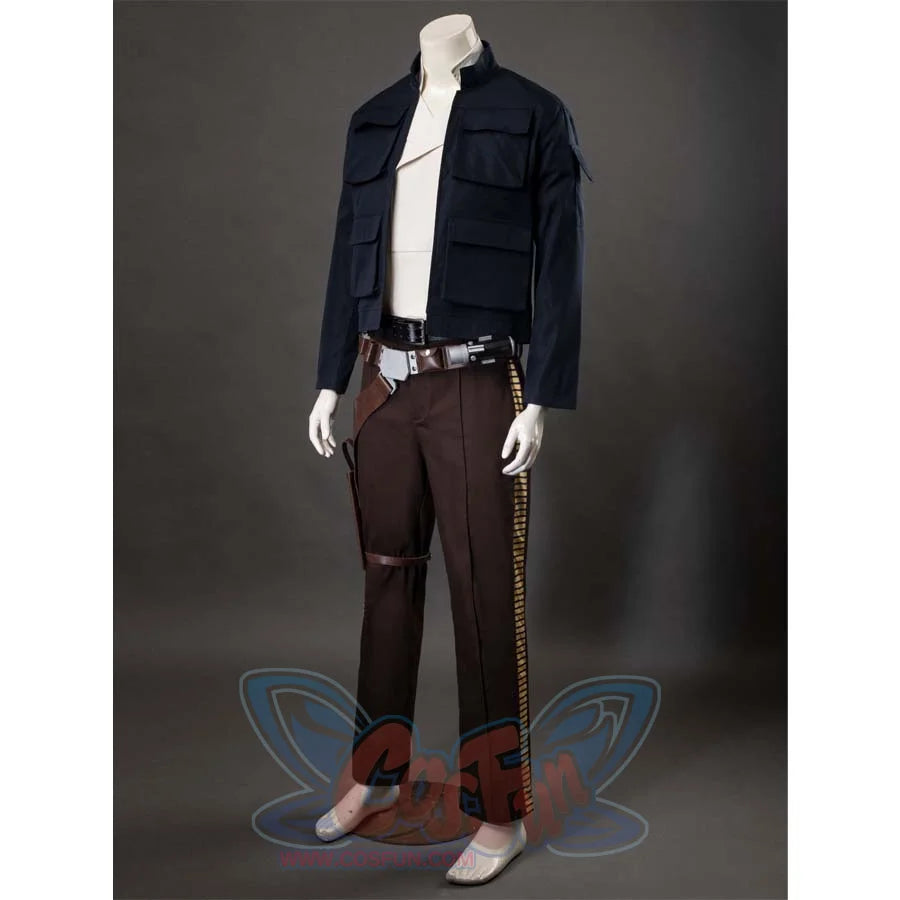 Front view of Han Solo Cosplay Costume, including the navy blue jacket, beige inner shirt, brown pants with gold side details, and iconic belt with blaster.