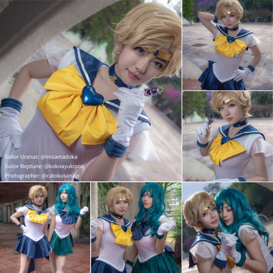 Sailor Uranus Haruka Tenoh Amara cosplay sailor collar uniforms gather pleated skirts and bows alongside tiaras and gloves.