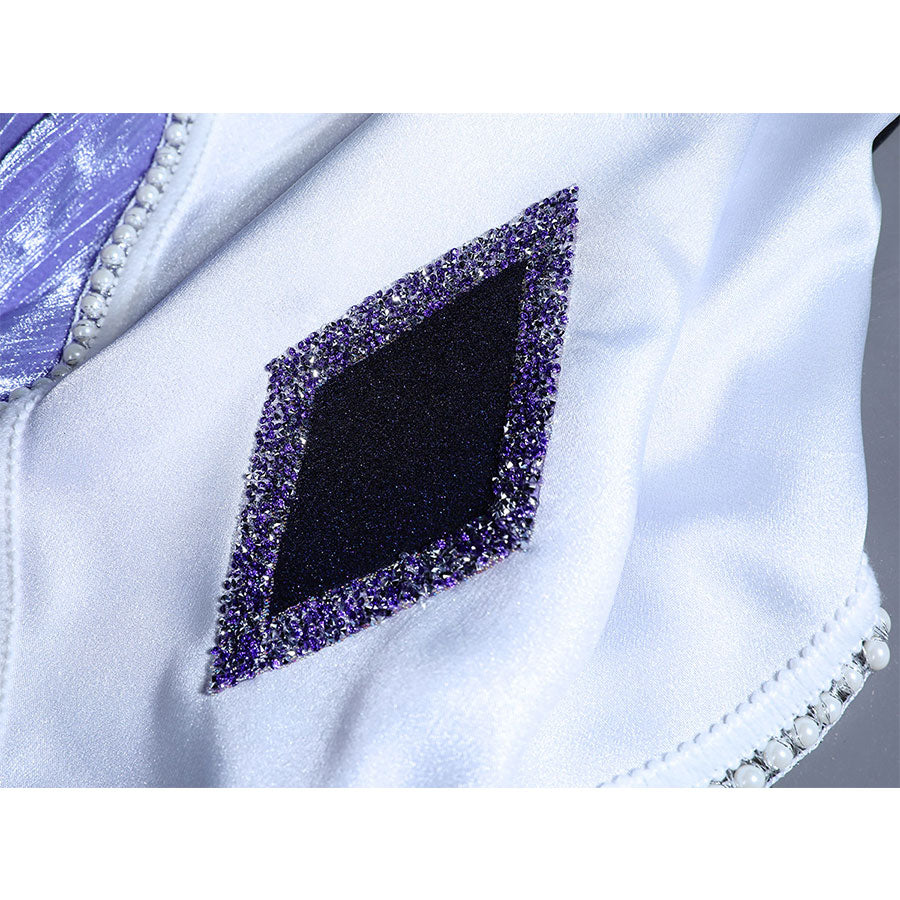 Emily cosplay dress, fabric detail – Close-up showing texture and material of the dress.