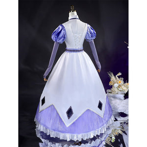Emily cosplay dress, back view – Purple and white color-blocked long dress, full back view.