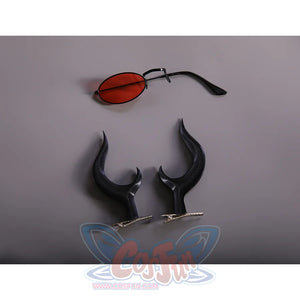 Alastor cosplay costume accessories including red oval sunglasses and black horn hair clips