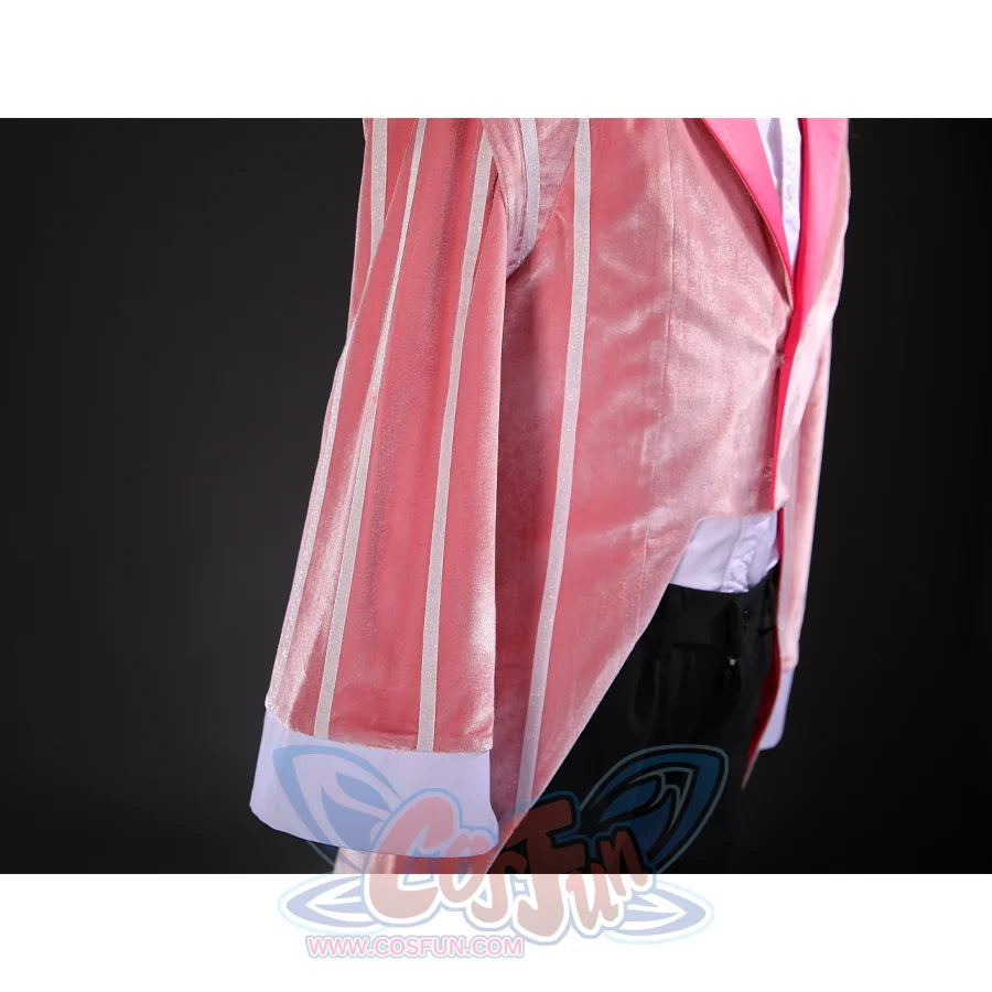 Close-up side detail of Alastor cosplay costume coat, featuring pink striped fabric and white cuff