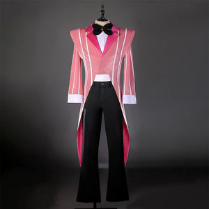 Hazbin Hotel Alastor cosplay costume front view, pink striped tailcoat with black bow tie and black pants