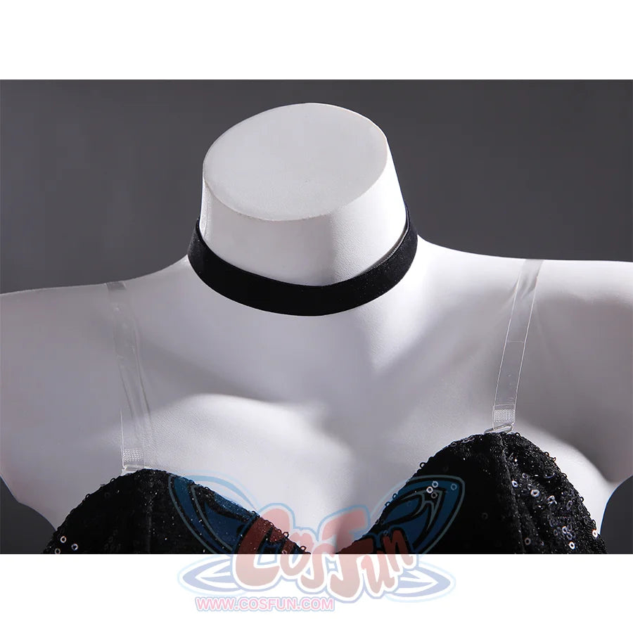 Hazbin Hotel Angel Dust Formal Gown Cosplay Costume, the black velvet neckpiece echoes the overall color scheme.