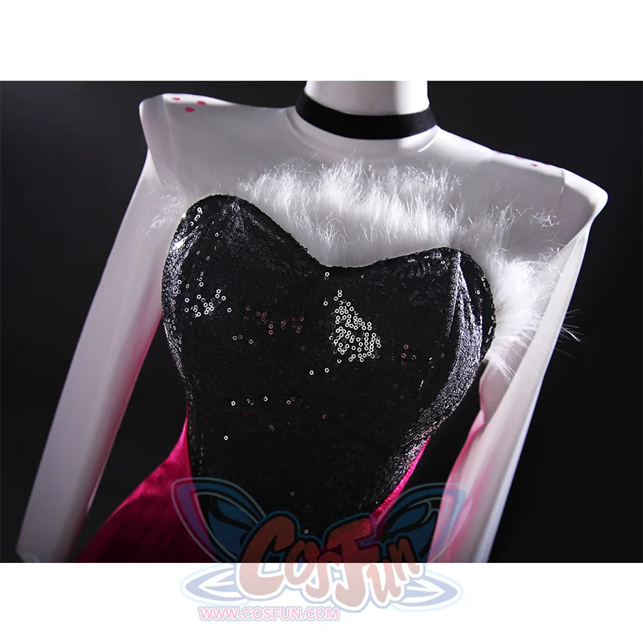 Angel Dust cosplay costume upper bodice detail with black sequins and white fluffy feather accents