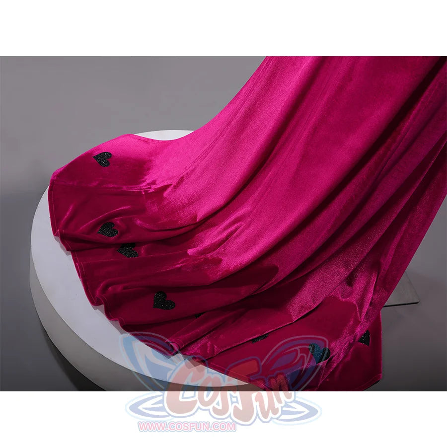 Angel Dust cosplay dress hem detail showing magenta velvet fabric with small black decorative accents