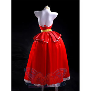 Charlie cosplay costume back view – red formal gown with white bow detail and gold belt on mannequin
