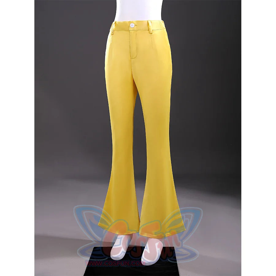 Charlie cosplay costume yellow bell-bottom pants with orange trim detail 