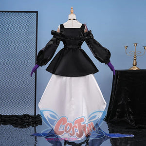 Reveals the back of Corroserum’s outfit, showcasing the black jacket’s shape, white gown embroidery, and trailing purple sheers.