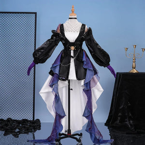Displays the full layered look—black jacket, white inner dress, and flowing purple - blue sheer panels. Perfect for fantasy - themed cosplay.